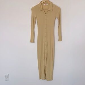 BAYSE Long Sleeve Polo Midi Yellow Ribbed Button-Down